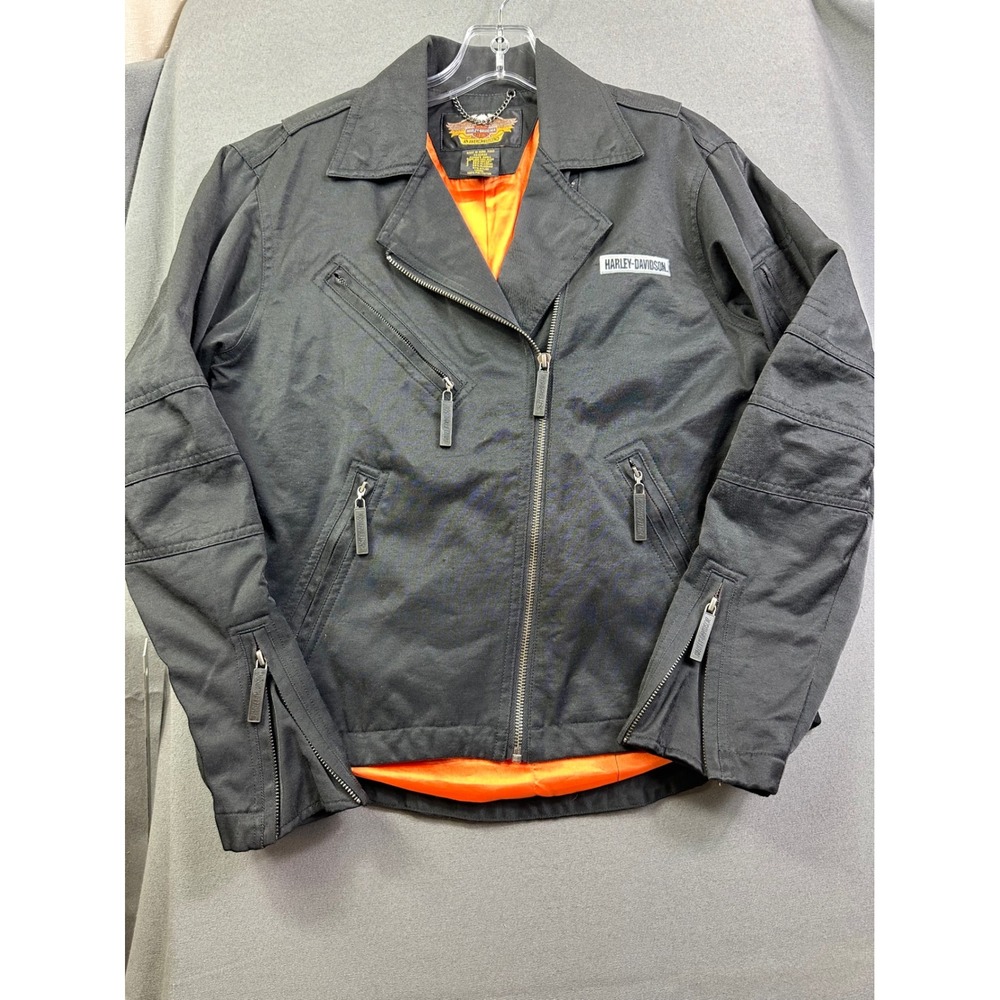 Harley-Davidson Women's Black Canvas Moto Jacket Orange Lining Embroidered Small